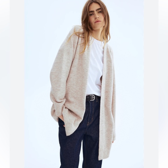 H&M Elegant Heather Tan Beige Open-Front Long Oversized Wool Cardigan Sz M - Picture 12 of 15